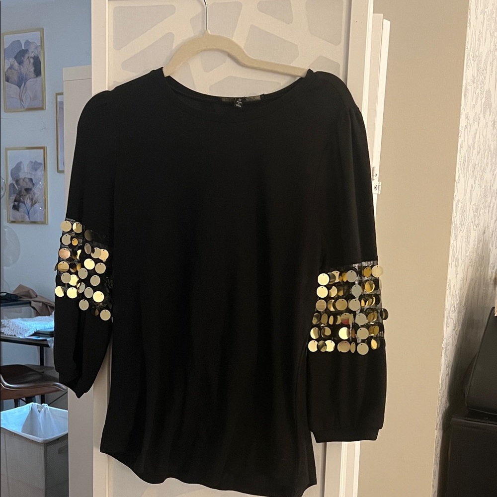 Chic Black Blouse with Gold Sequin Sleeves
